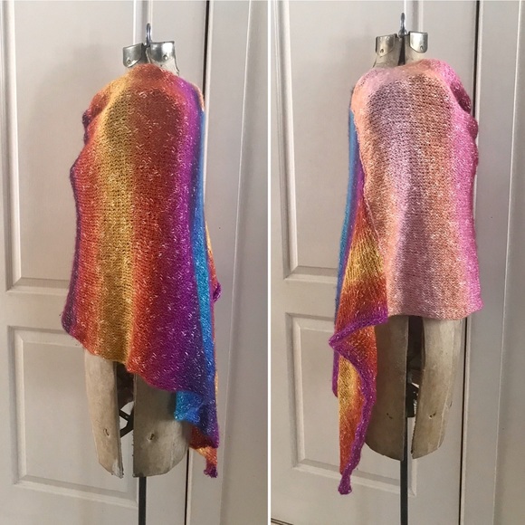 Hand Knit Rainbow Poncho Shawl - Picture 5 of 8